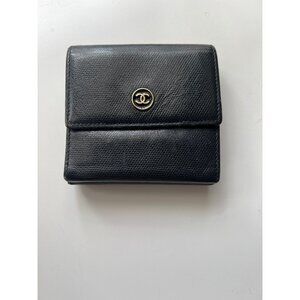 Chanel Black Leather Small Bifold Wallet With Gold Logo Snap Closure